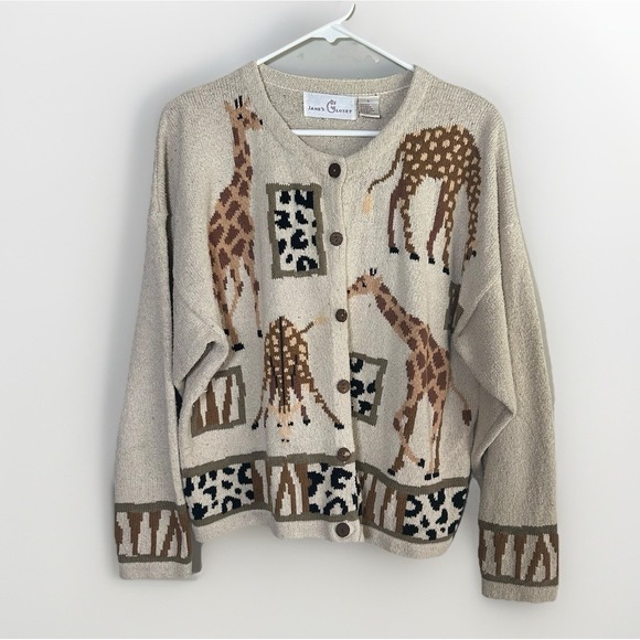 Vtg Janes Closet Giraffe Sweater Cardigan L Full Button Silk Blend Novelty Fun - Picture 1 of 11